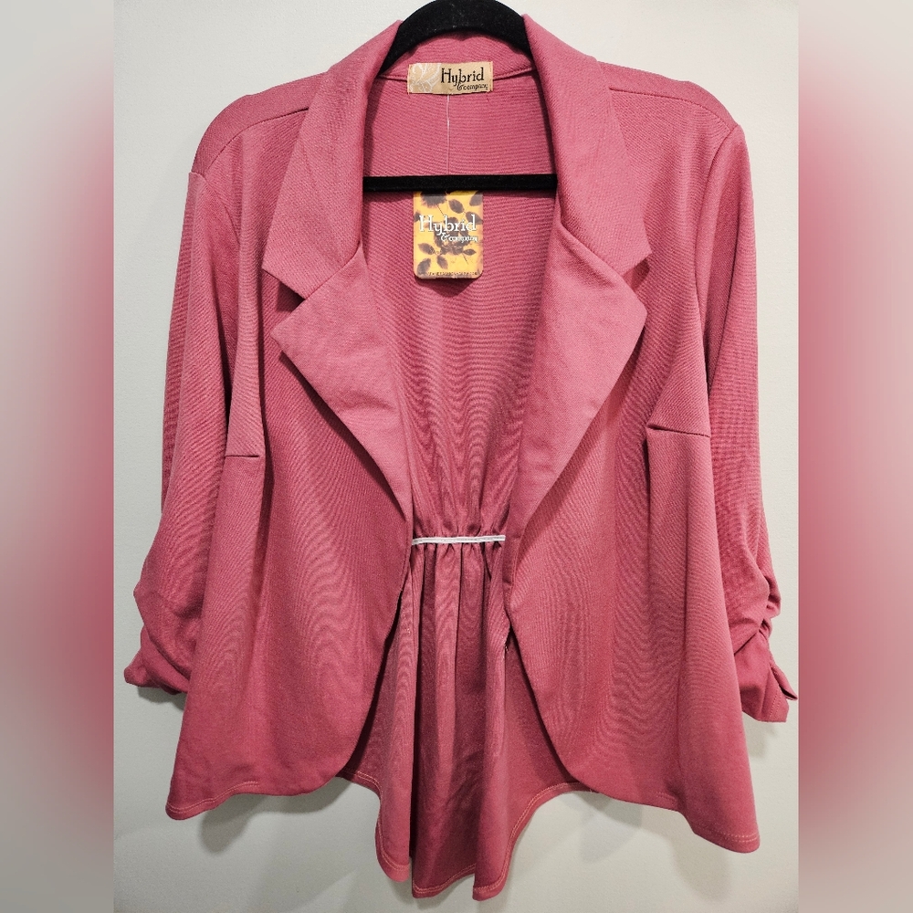 Hybrid Company Pink Draped Open Front Blazer Lightweight Ruched Sleeve Jacket
